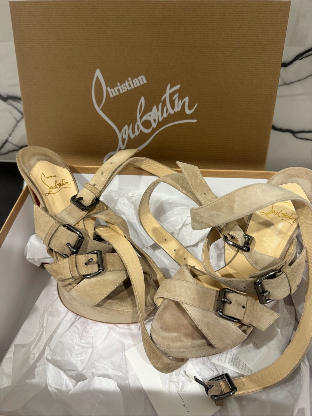 Christian Louboutin Taupe Suede Buckle Strap High Heels